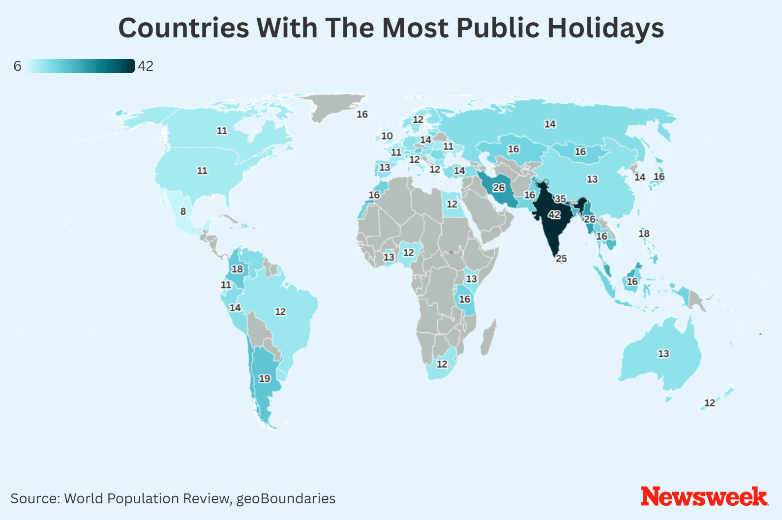Map Shows How Many Federal Holidays US Has Compared to Other Countries