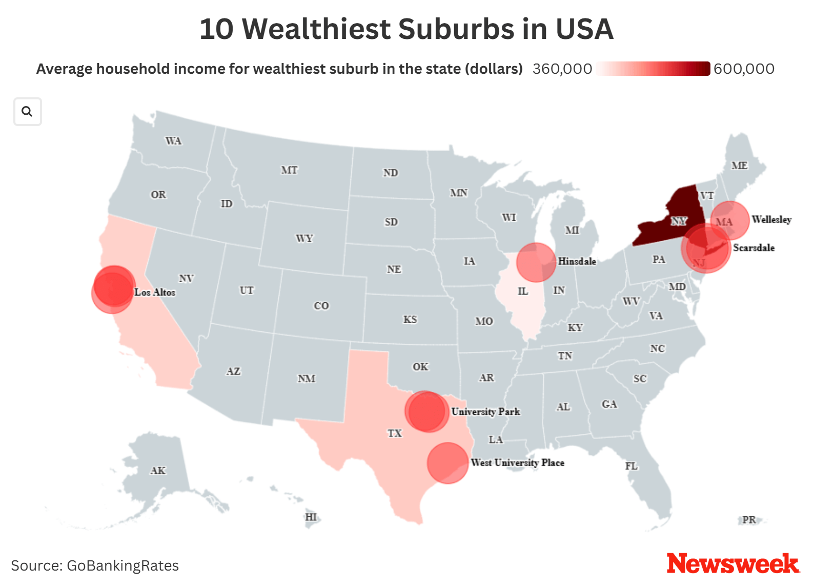 Map Shows 10 Wealthiest Suburbs In America