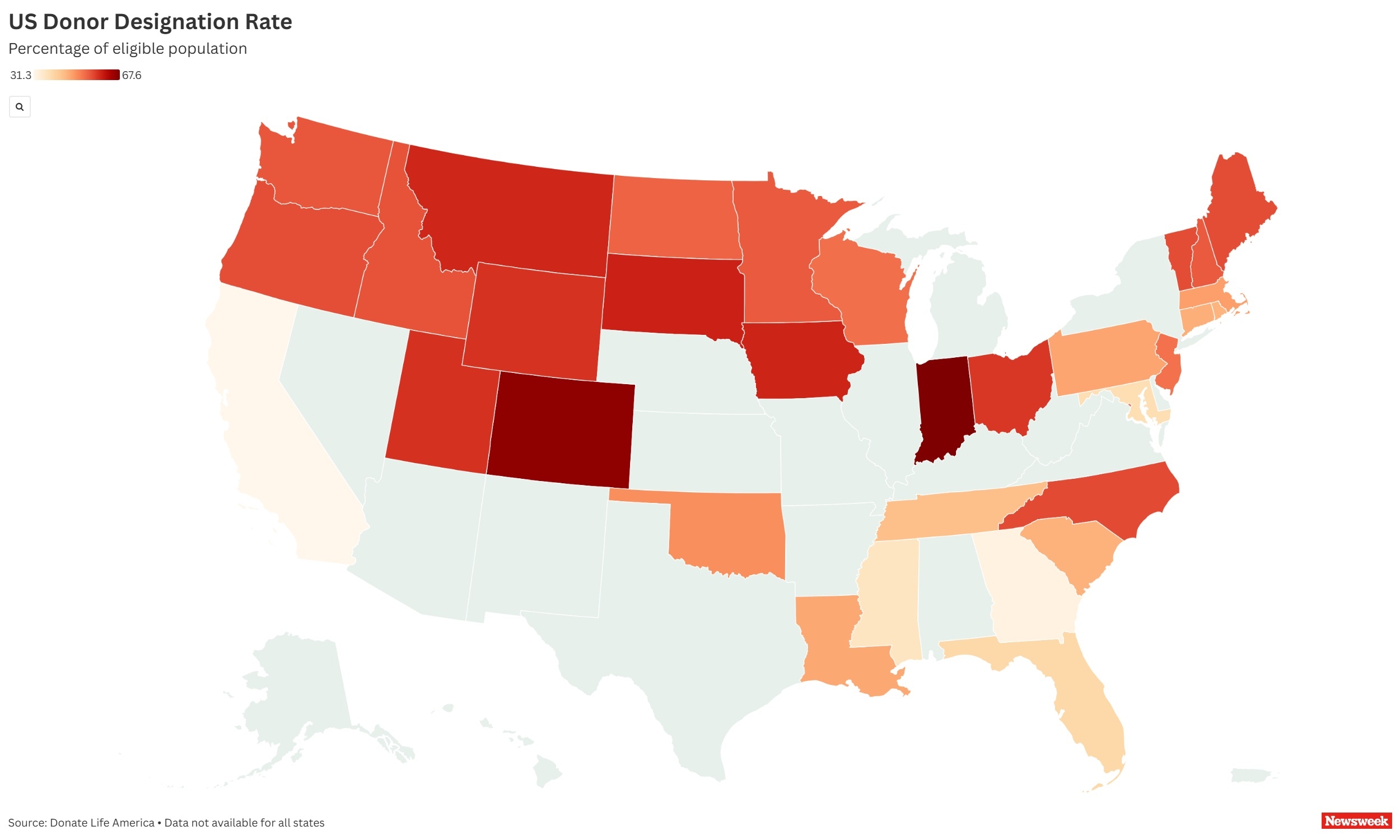 Map Shows States With Highest Rates of Organ Donor Registrations