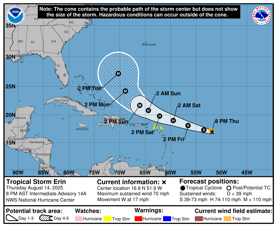 Tropical Storm Erin 'Near Hurricane Strength' as New Track Issued