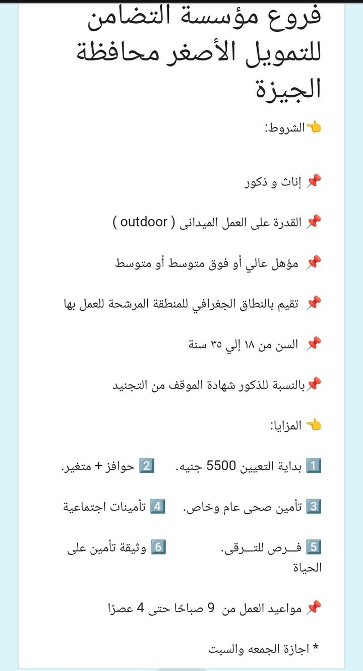 محافظة الجيزة   تعلن مؤسسة التضامن للتمويل الأصغر عن ايام مفتوحة للتوظيف بالمحافظة لوظيفة اخصائي تمويل ( إناث وذكور )