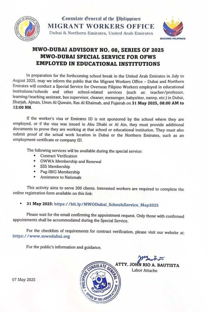 Special MWO-Dubai service set on May 31 for teachers, assistants, school staff