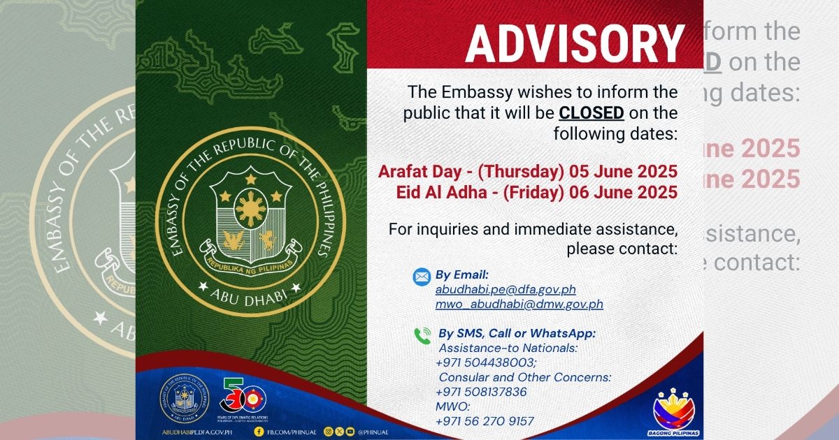 Philippine Embassy in Abu Dhabi to close June 5–6 for Eid al-Adha