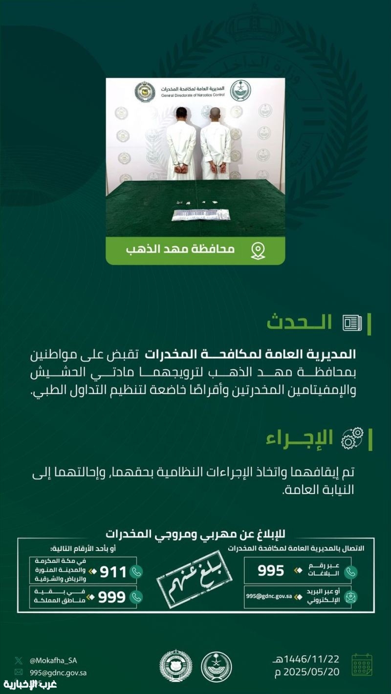 القبض على شخصين بمحافظة مهد الذهب لترويجهما مواد مخدرة