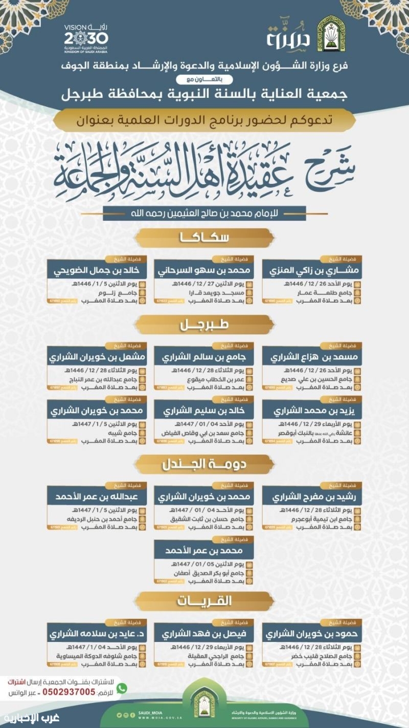 فرع الشؤون الإسلامية بالجوف ينظم دورة علمية لشرح 'عقيدة أهل السنة والجماعة' بالتعاون مع جمعية العناية بالسنة النبوية بمحافظة طبرجل