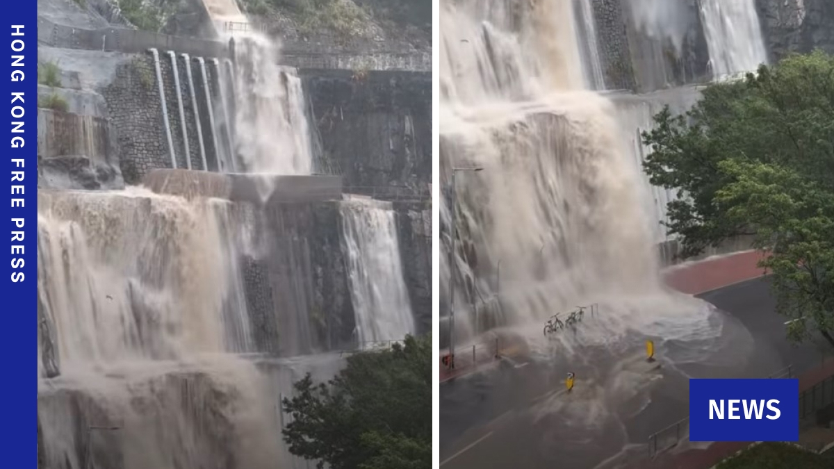Heavy downpour cascades down hillside during Hong Kong's first Black Rainstorm of the year