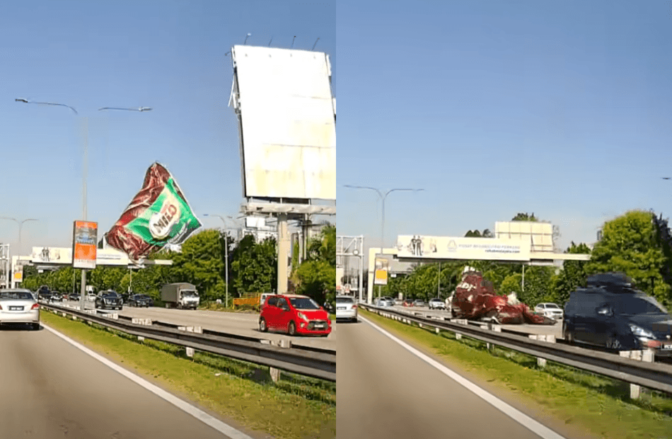 (Video) Milo Billboard Banner Fell Onto A Moving Car On Federal Highway