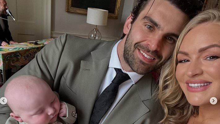 Laura Woods reveals what she's found 'very difficult' since giving birth three months ago as she wows in pink dress at friend's wedding alongside Love Island star boyfriend Adam Collard