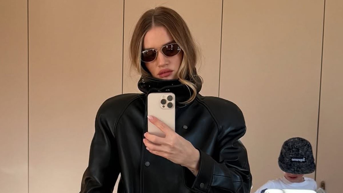 Rosie Huntington-Whiteley poses in a chic leather jacket before sharing humorous snaps of her two kids as she continues to document her Easter