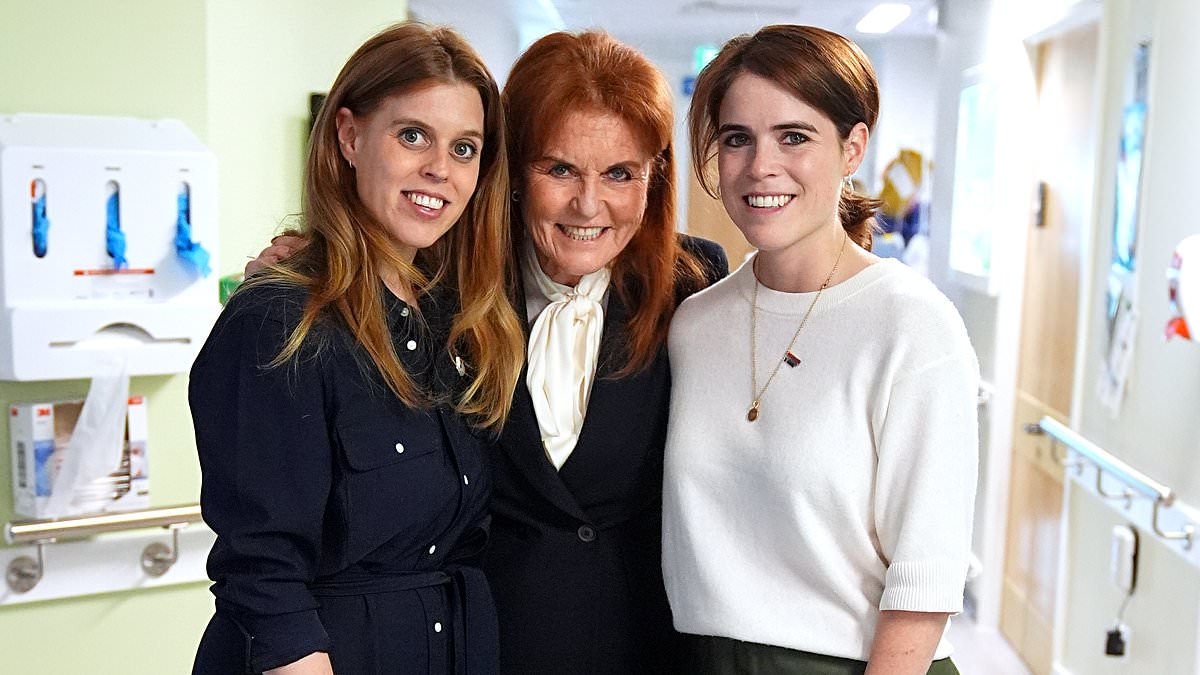 Sarah Ferguson is joined by Princess Beatrice and Princess Eugenie as royals spend time with teenage cancer patients during emotional visit to London hospital