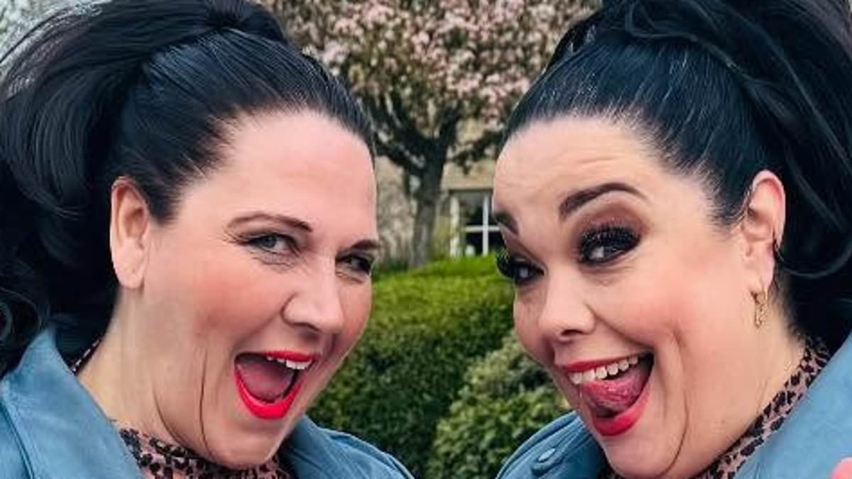 Lisa Riley flashes a peace sign as she poses alongside her Mandy Dingle body double while filming Emmerdale scenes