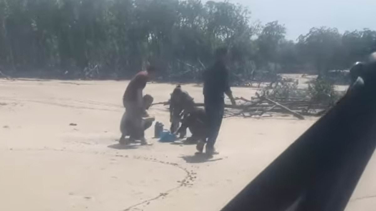 Dramatic footage shows a helicopter land near five stranded men believed to have arrived illegally by boat
