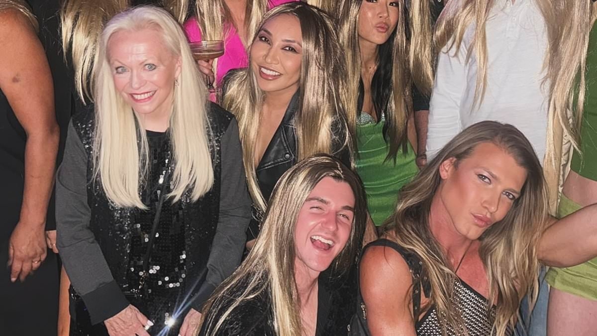 Who knew they were friends? Jacki Weaver makes unlikely appearance at Christian Wilkins' wild 30th birthday bash in LA - as guests don blonde wigs in hilarious tribute to the socialite