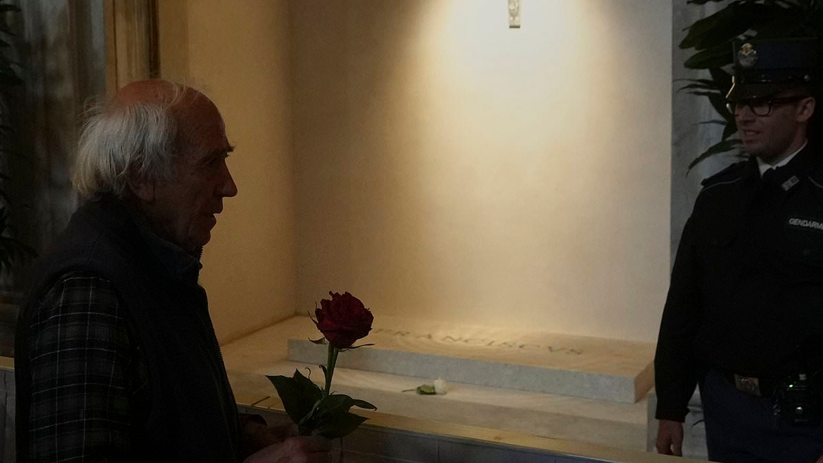 First photos of Pope Francis' tomb show it is adorned with a single white rose and simple inscription - as thousands of mourners flock to the burial site in Rome after pontiff was laid to rest