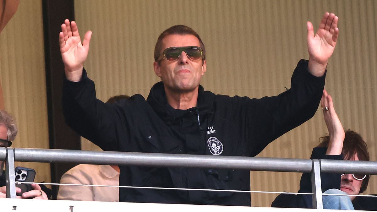 Liam Gallagher cheers on his beloved Man City as they trounce Nottingham Forest in FA Cup Semi-Finals at Wembley - after 'causing chaos' with brother Noel during first Oasis show in 16-years ahead of reunion tour