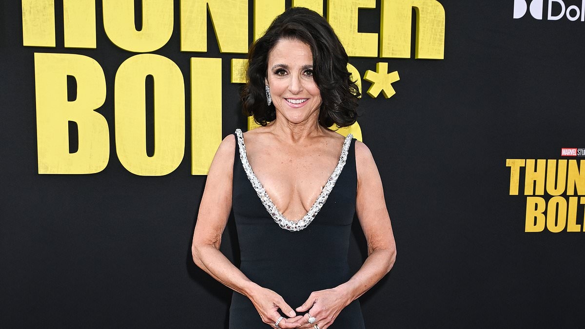 Seinfeld vet Julia Louis-Dreyfus, 64, nearly SPILLS out of her low-cut gown as she makes a daring fashion move