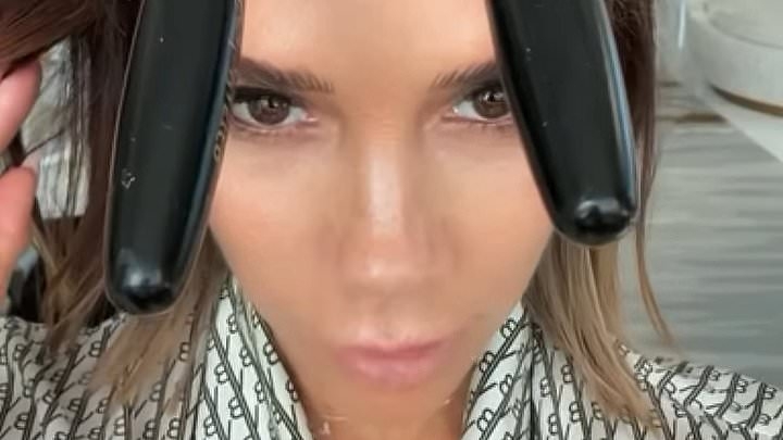 Victoria Beckham is almost upstaged by stylist pal Ken Paves as she conducts new make-up tutorial midway through a hair appointment