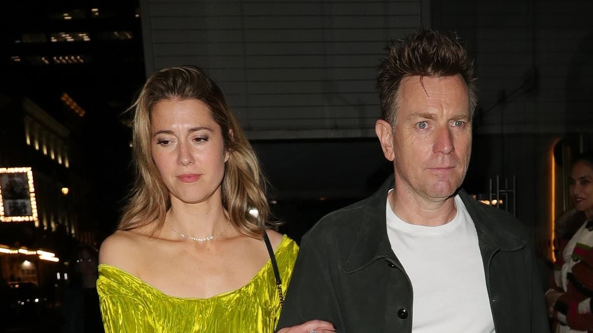 Ewan McGregor links arms with newly blonde wife Mary Elizabeth Winstead as they depart his West End show My Master Builder