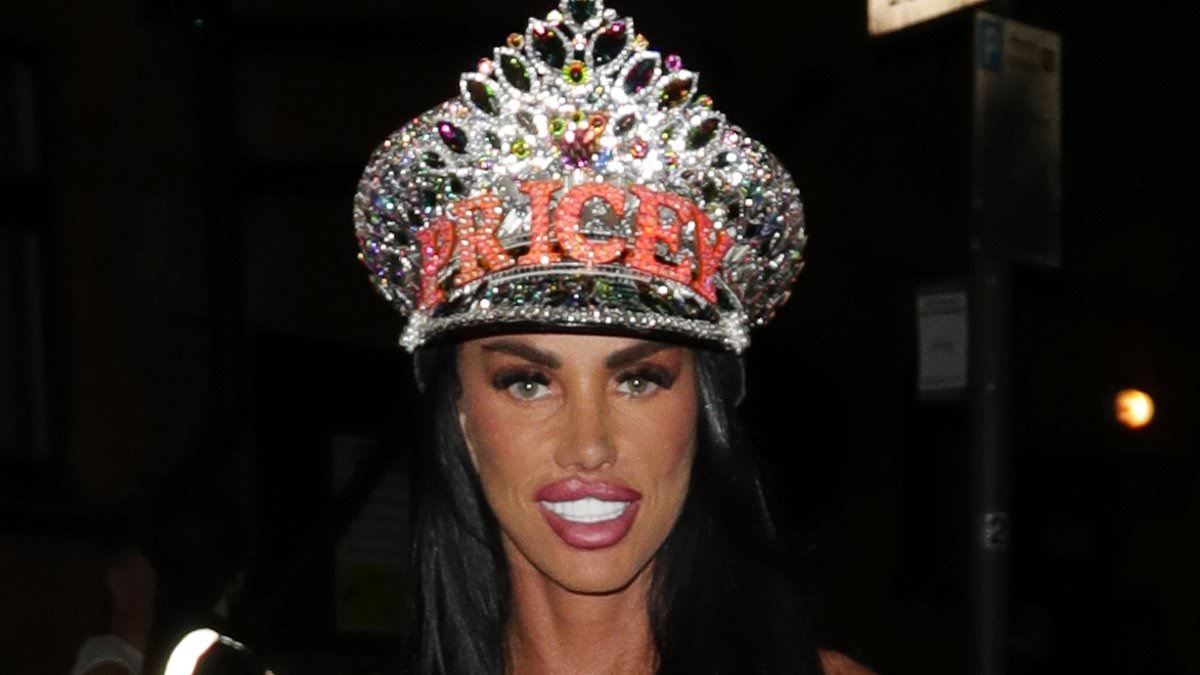 Katie Price flaunts her toned abs in Miu Miu black crop top and 'Pricey' crown after performance at Clapham Grand