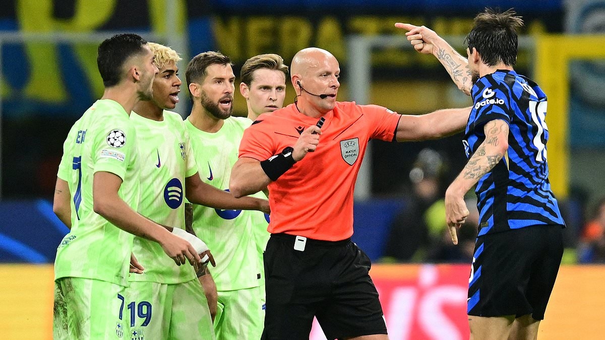 Shocking moment Barcelona's Inigo Martinez appears to SPIT on Inter Milan rival Francesco Acerbi during heated Champions League clash - and VAR cleared it