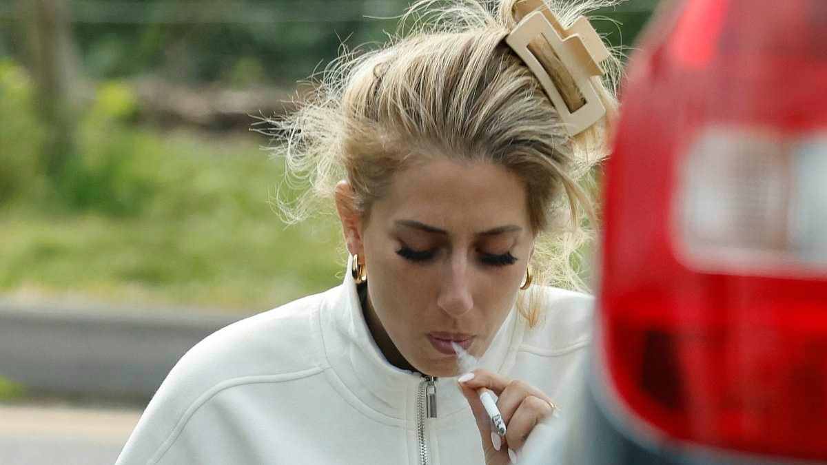 Stacey Solomon puffs on a cigarette by the side of the road as stressed-out star leaves vets in tears