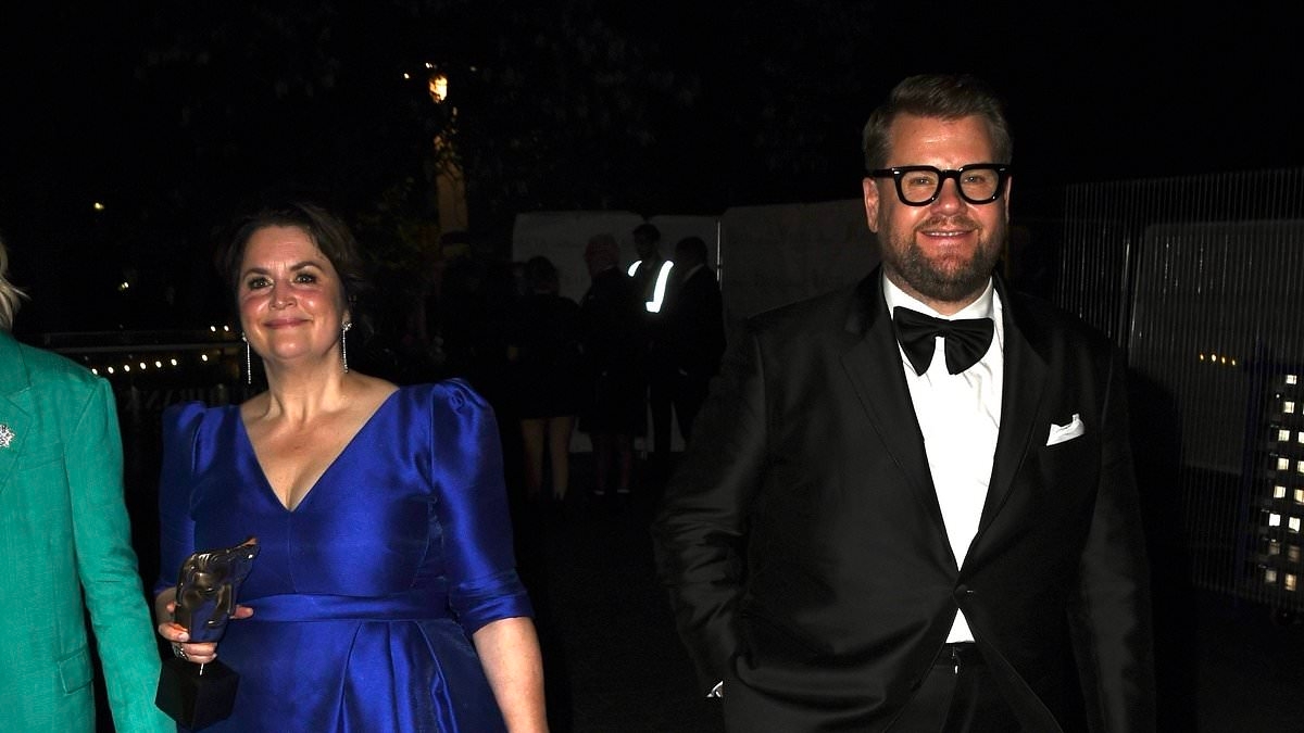 James Corden carries pal Ruth Jones' shoes while Claudia Winkleman kicks off her heels as they lead the stars leaving the BAFTA TV Awards