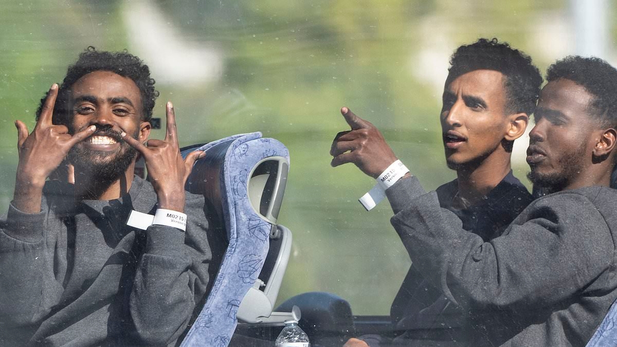 Coachload of newly arrived Channel migrants mock Starmer's immigration crackdown: On the same day he vowed to 'take back control' and stop UK becoming 'island of strangers'