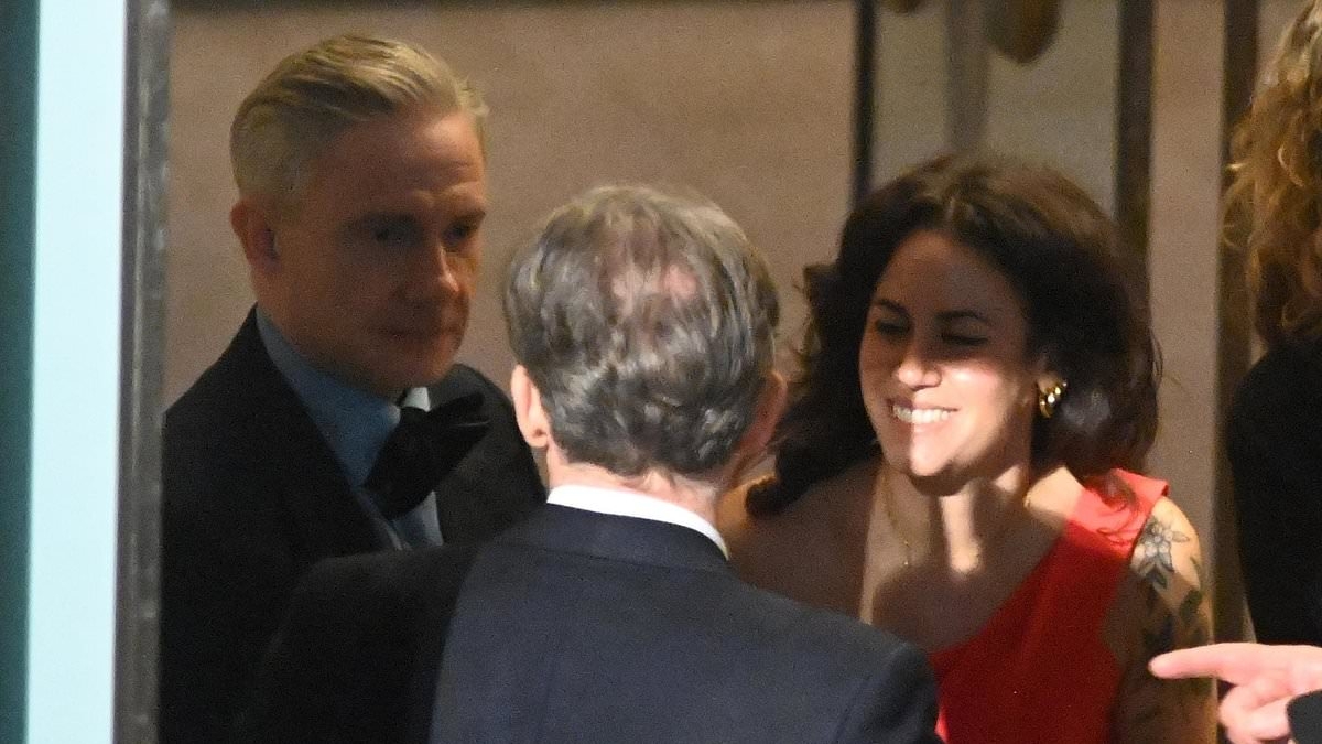 Martin Freeman, 53, shares a giggle with girlfriend Rachel Benaissa, 30, as French actress kicks off her heels after the BAFTA TV Awards