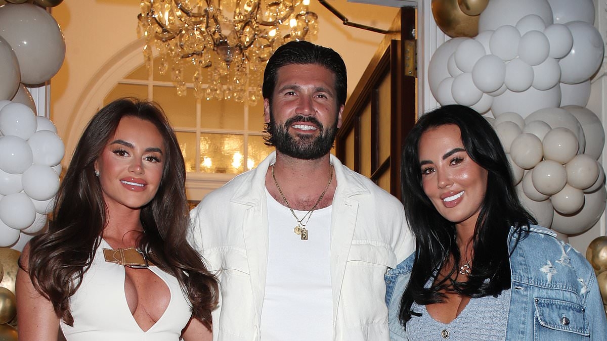 Yazmin Oukhellou flashes her cleavage in a blue minidress as she joins TOWIE co-star Dan Edgar and Mia Sulley at the opening of new hair clinic