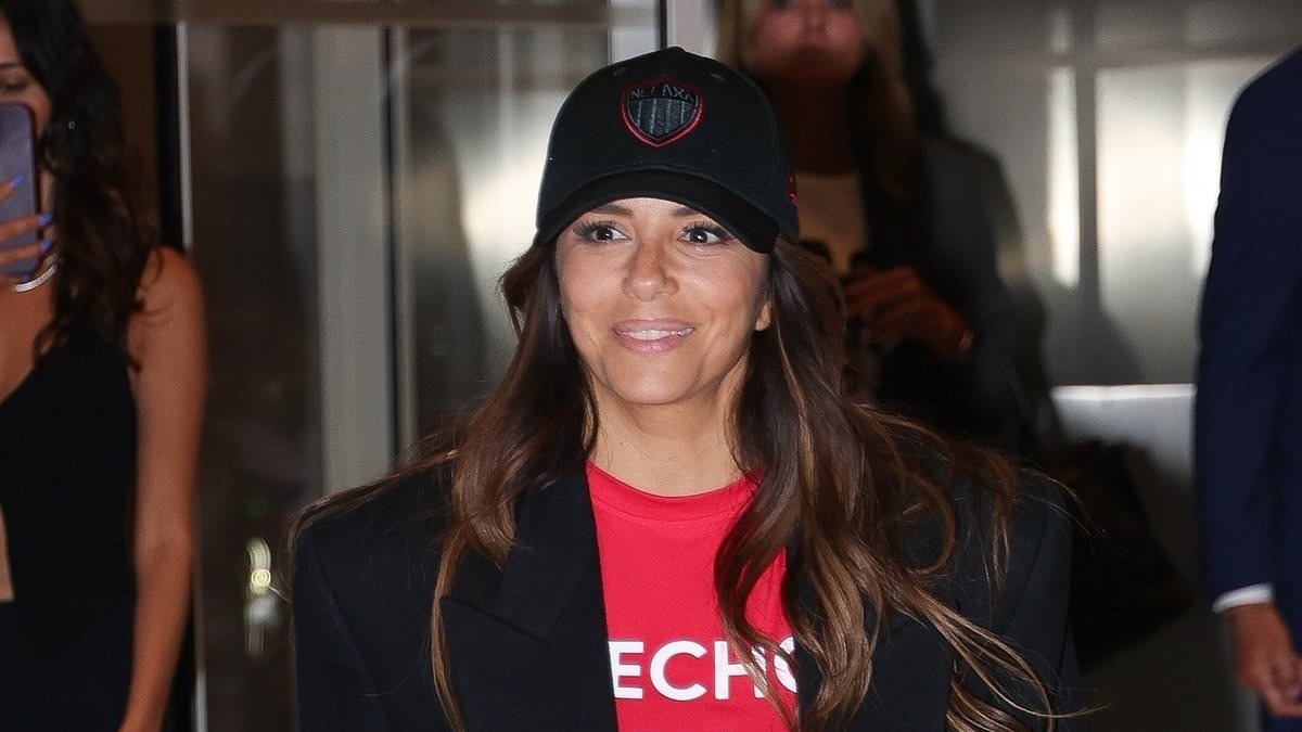Eva Longoria opts for a casual sweater and joggers as she arrives in Cannes ahead of her Global Gift Gala