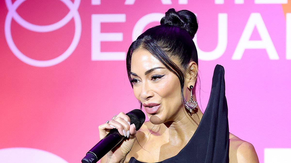 Nicole Scherzinger wows in a structured black gown as she takes to the stage at LGBTQ+ charity event