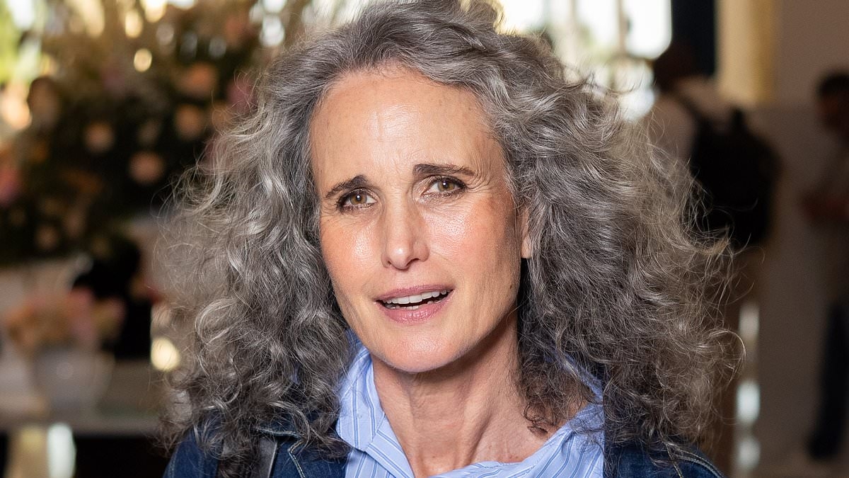 Andie MacDowell cuts a casual figure in a blue striped shirt dress and denim jacket as she leaves her hotel during 78th Cannes Film Festival