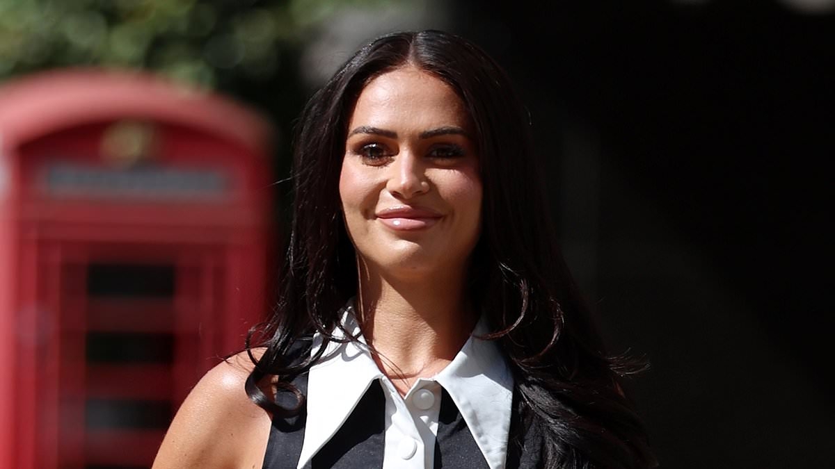 Celebs Go Dating's Olivia Hawkins puts on a leggy display in a black mini dress as she arrives at the agency with Mark Labbett and their co-stars