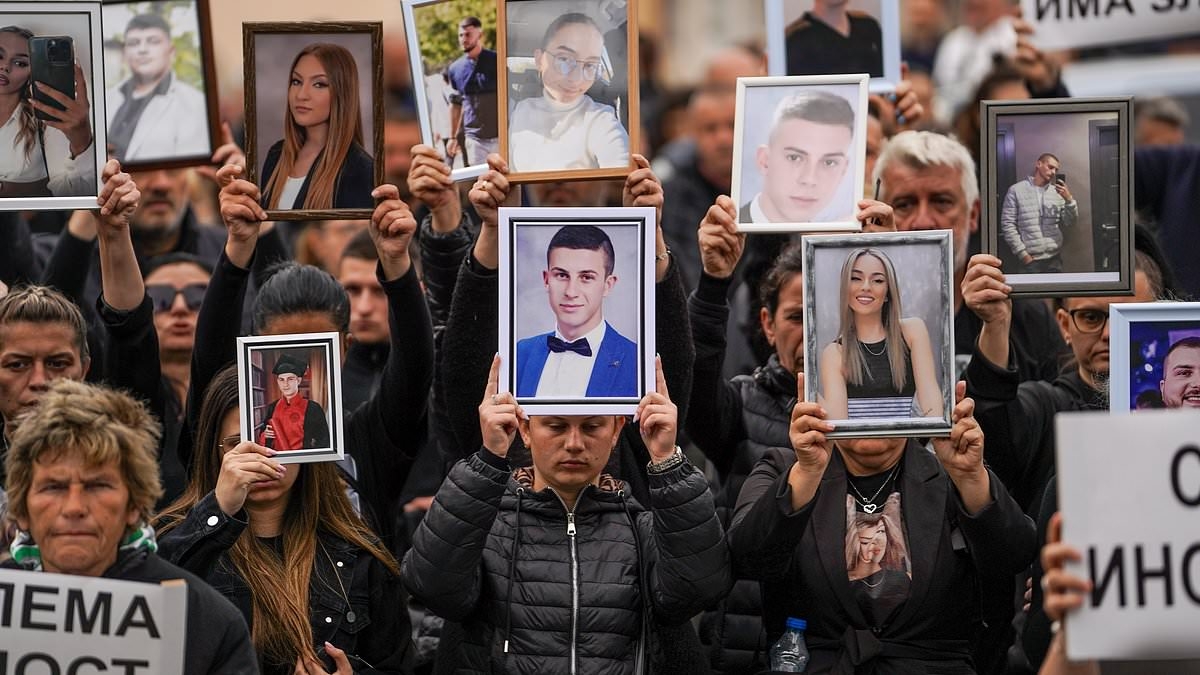 Heartbroken families of the 62 victims burnt to death in horror inferno at North Macedonia nightclub demand justice - as 5,000 take to the streets with photos of loved ones lost in blaze