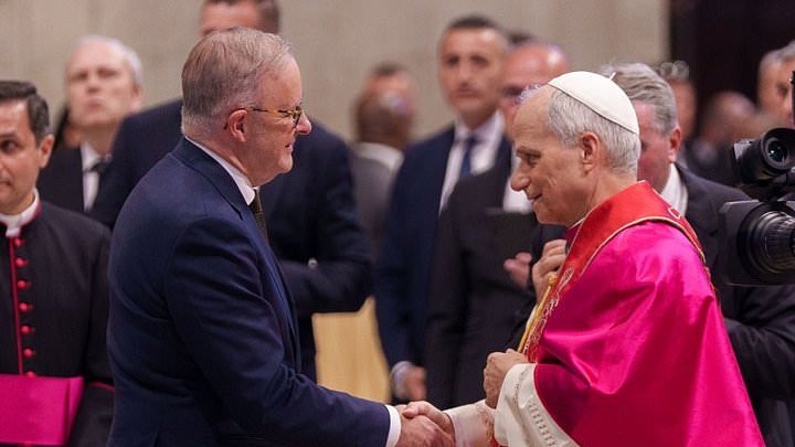 BREAKING NEWS Historic moment Albo shakes hands with the new Pope - and the VERY Aussie detail the PM took with him to the Inauguration at the Vatican