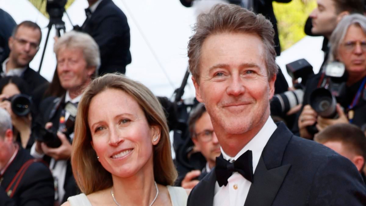 Edward Norton puts on a loved-up display with wife Shauna Robertson as she opts for a plunging floral gown for premiere of The Phoenician Scheme at the Cannes Film Festival