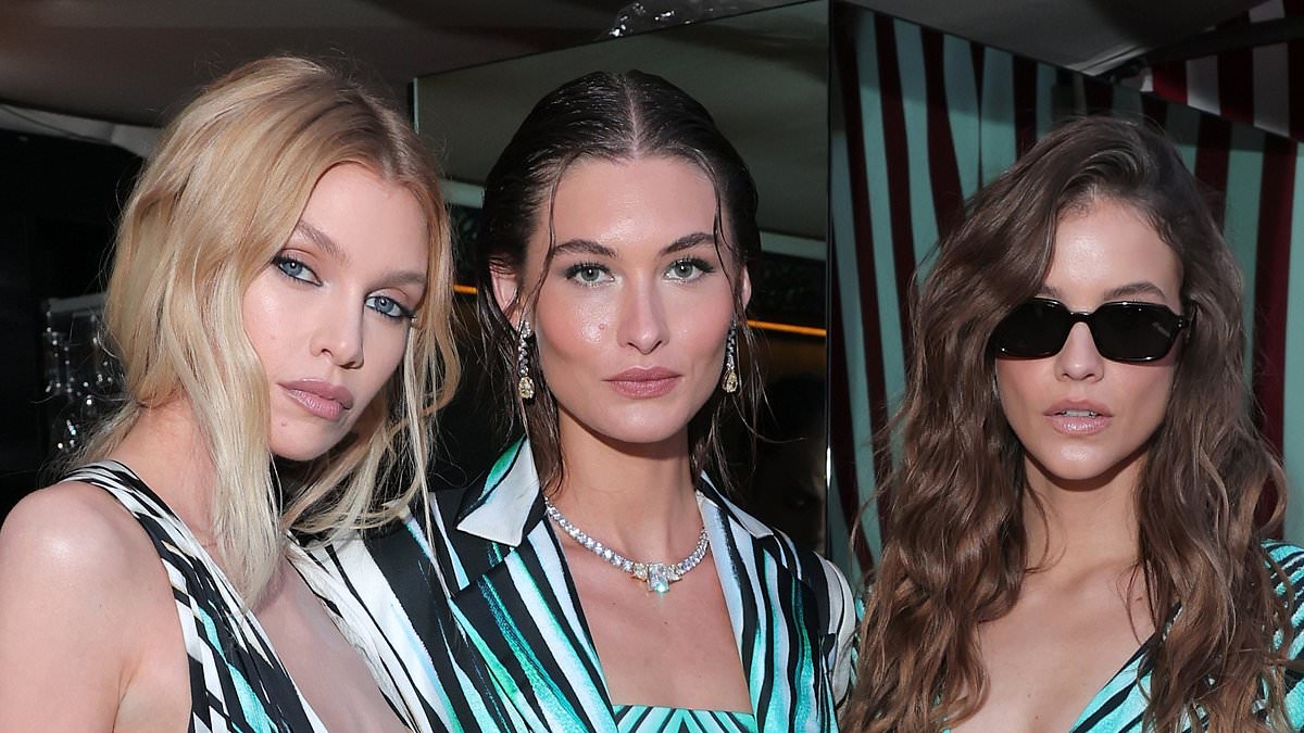 Stella Maxwell risks a wardrobe malfunction in a barely-there dress as she joins Victoria's Secret alum Grace Elizabeth, Barbara Palvin and Romee Strijd at the Roberto Cavalli dinner