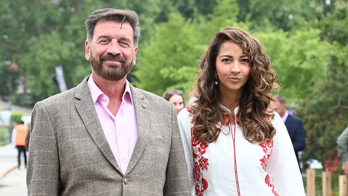 Nick Knowles, 62, looks dapper in a tweed suit while glam fiancée Katie Dadzie, 34, stuns in a floral embellished coat at the RHS Chelsea Flower show