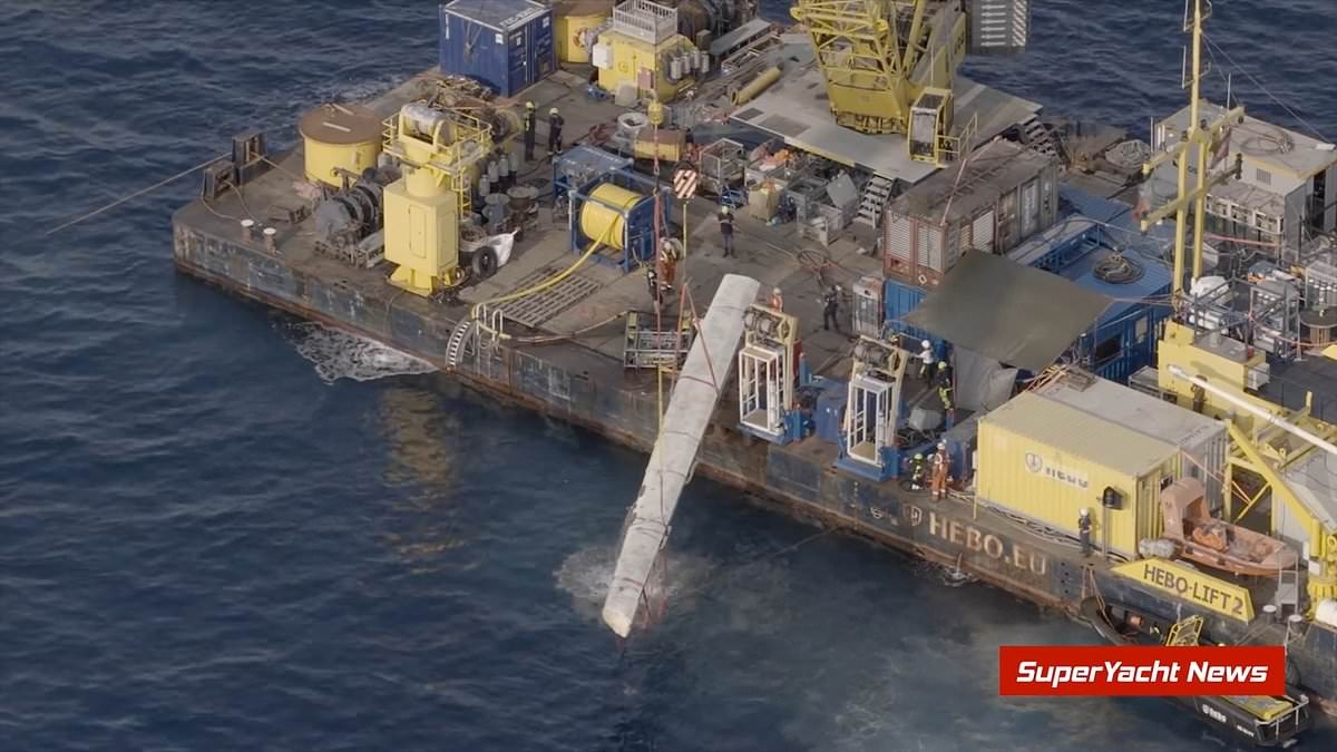 First major piece of the Bayesian superyacht is raised from the seabed after it sank last summer, killing British billionaire Mike Lynch