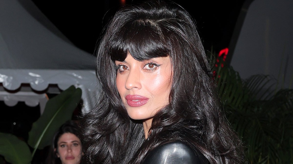 Jameela Jamil turns heads in skintight leather blazer mini-dress as she joins Romee Strijd, Ellie Bamber and Toni Garrn at the Cannes Ray-Ban X A$AP Rocky after party