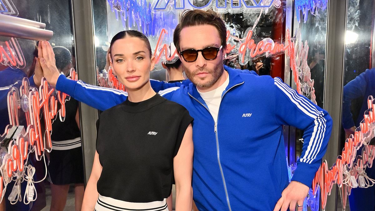 Ed Westwick's wife Amy Jackson shows off her toned legs in a sports skirt as the couple attend AUTRY's London flagship store opening event