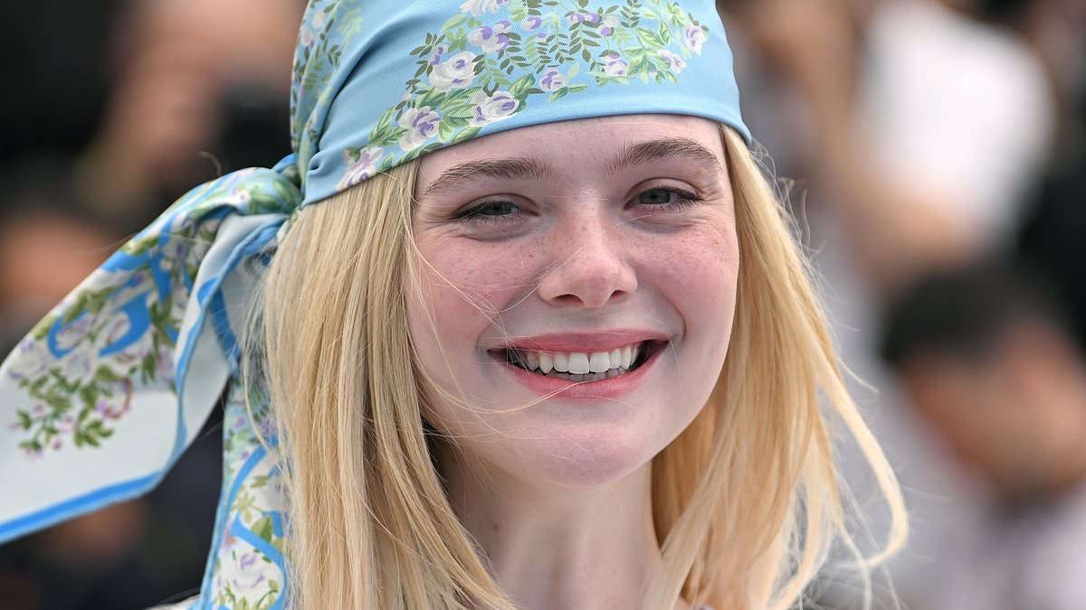 Elle Fanning looks 70s chic in flared jeans and a floral headscarf at Sentimental Value photocall in Cannes