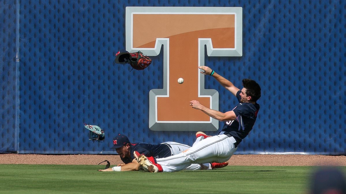 Terrifying moment two players collide into each other at college baseball tournament
