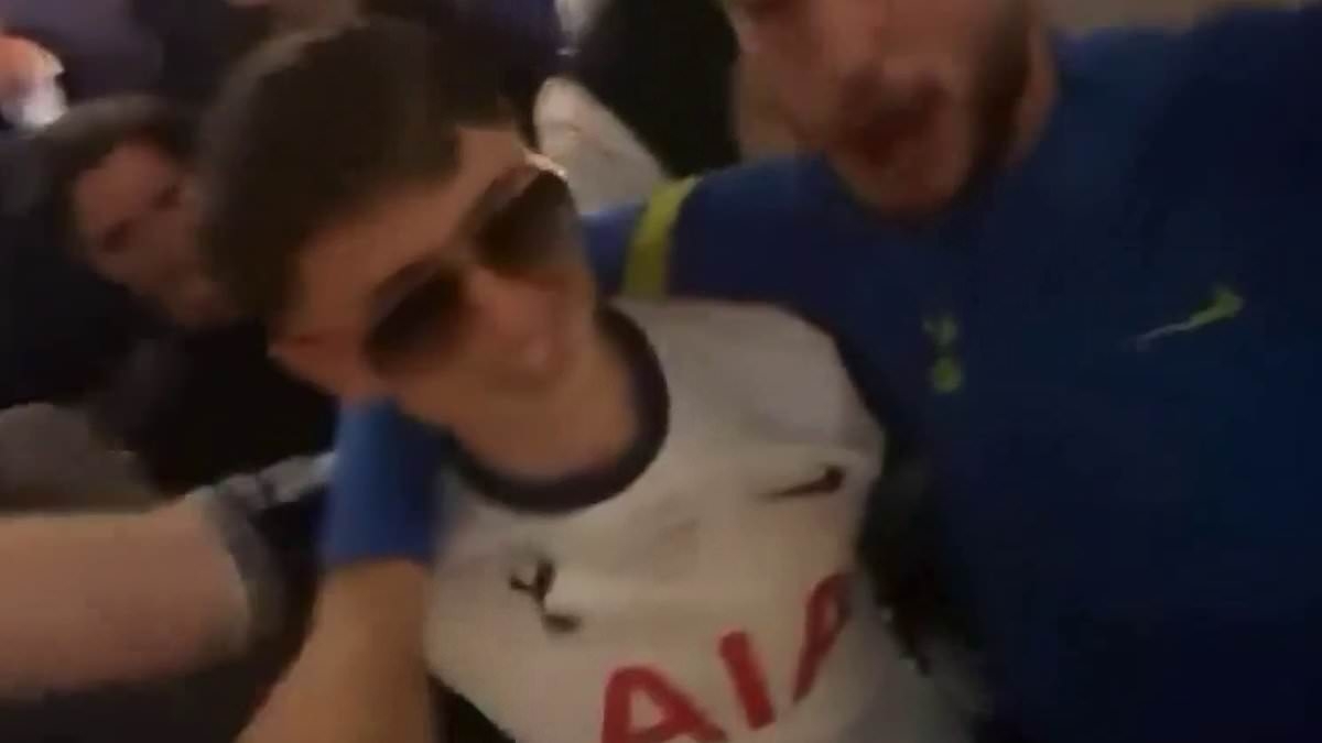Tottenham starlet Mikey Moore, 17, joins in with 'we hate Arsenal' chants at a pub after being too young to join team-mates for wild Europa League celebrations