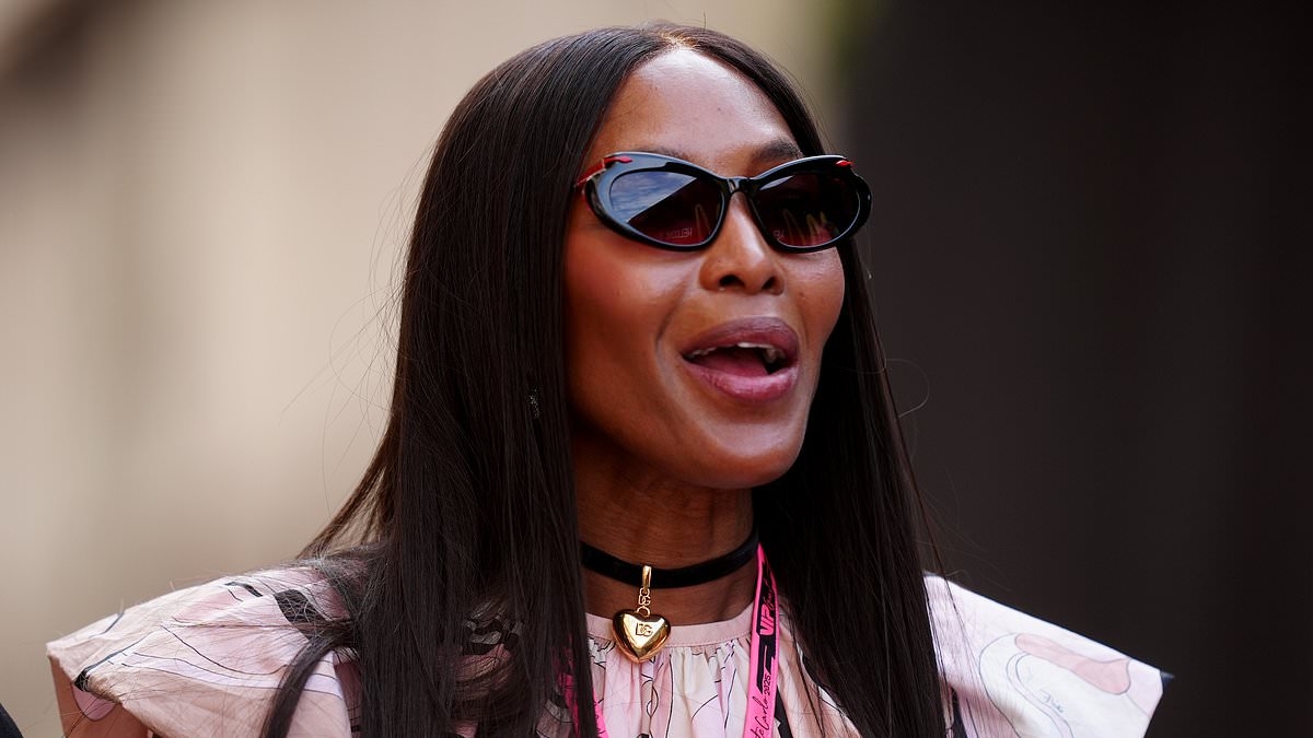 Naomi Campbell shows off her chic sense of style in a pink and black mini skirt at the Monaco Grand Prix practice after celebrating her 55th birthday