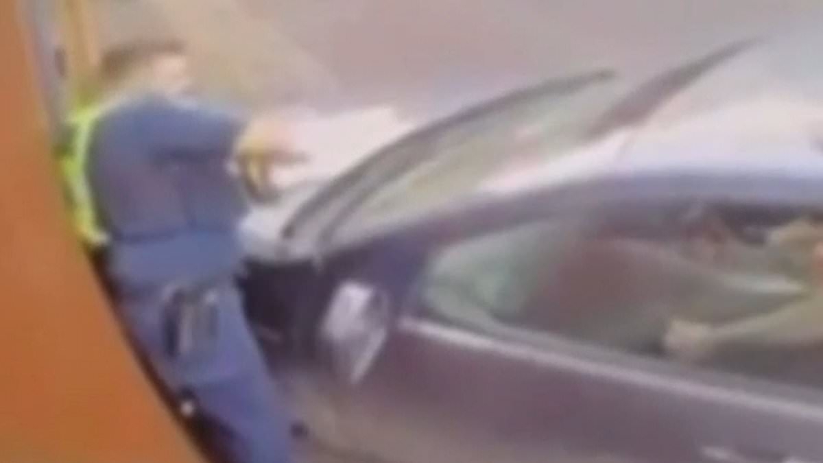 Confronting moment a cop is forced to shoot a woman dead as he's being crushed against a wall by a stolen car