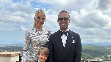 Vogue Williams looks stunning in a silver midi-dress as she joins suave Spencer Matthews and their children at Jack Maynard and Lily Mackie's magical French wedding