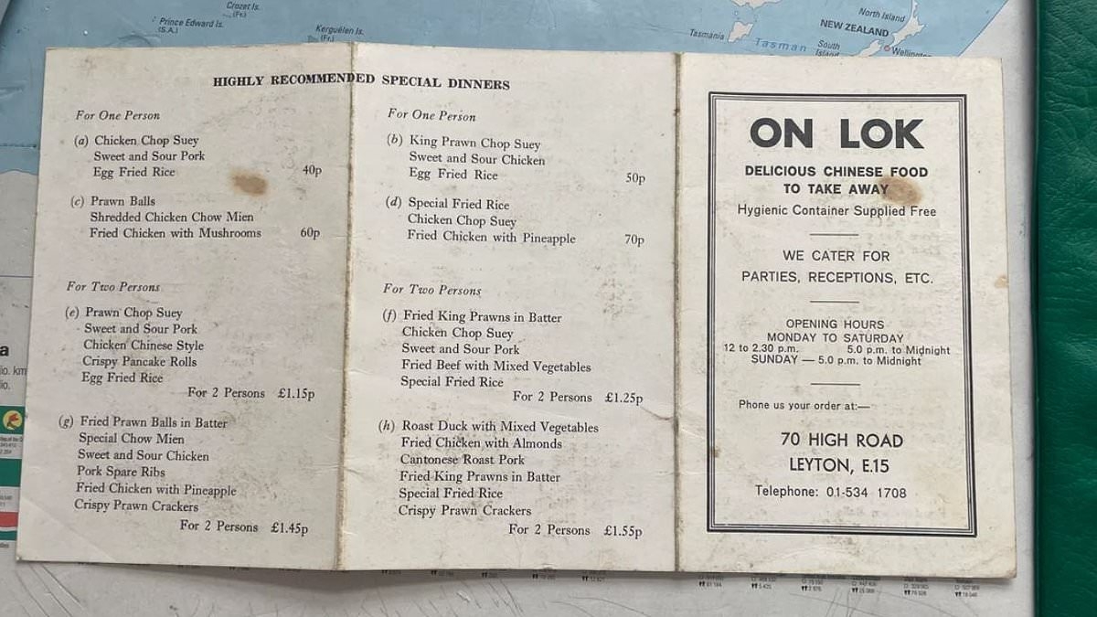 Retro Chinese takeaway menu from the 1970s leaves foodies stunned over unbelievably cheap prices including 5p chips
