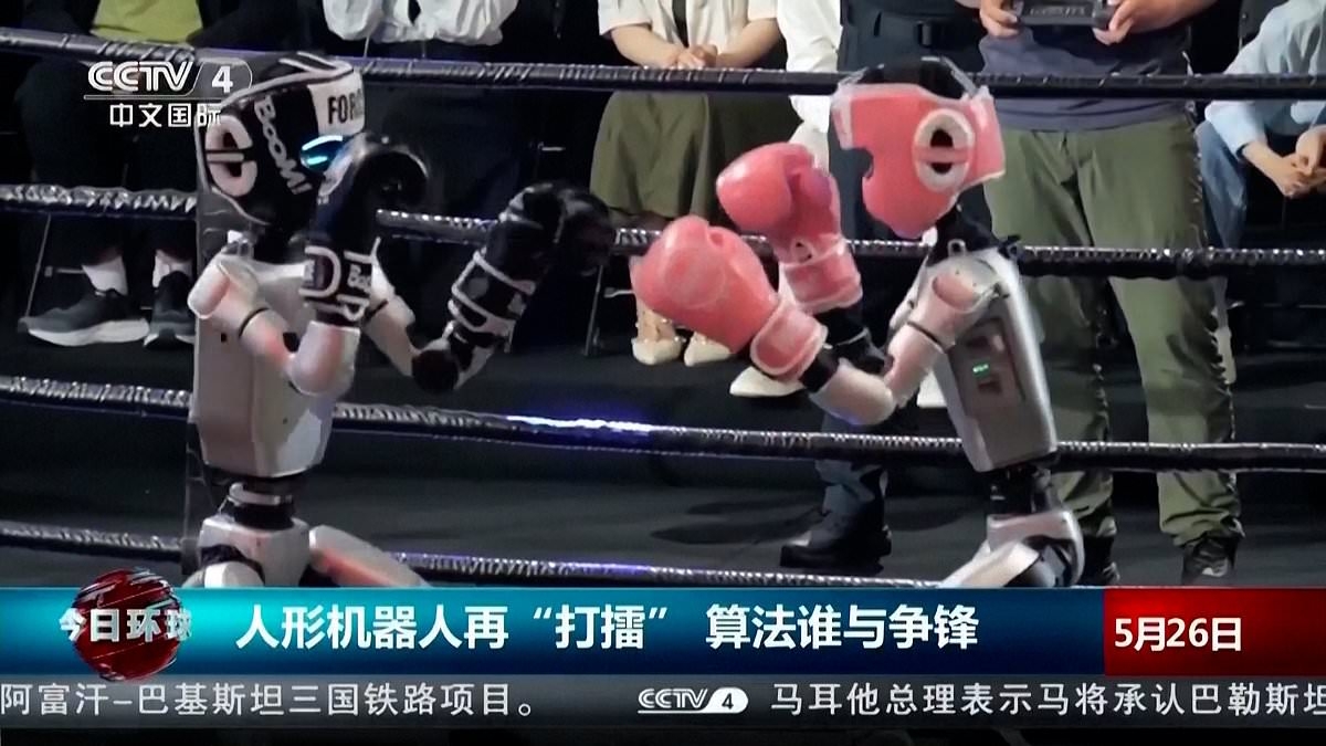 Watch as two lifesize robots swing punches at each other in the world's first humanoid robot boxing match