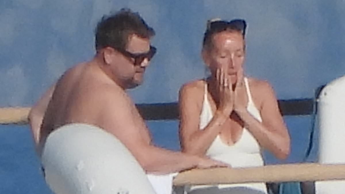 Shirtless James Corden unwinds with wife Julia Carey aboard a sprawling mega-yacht as couple holiday in Portofino ahead of his return to Broadway